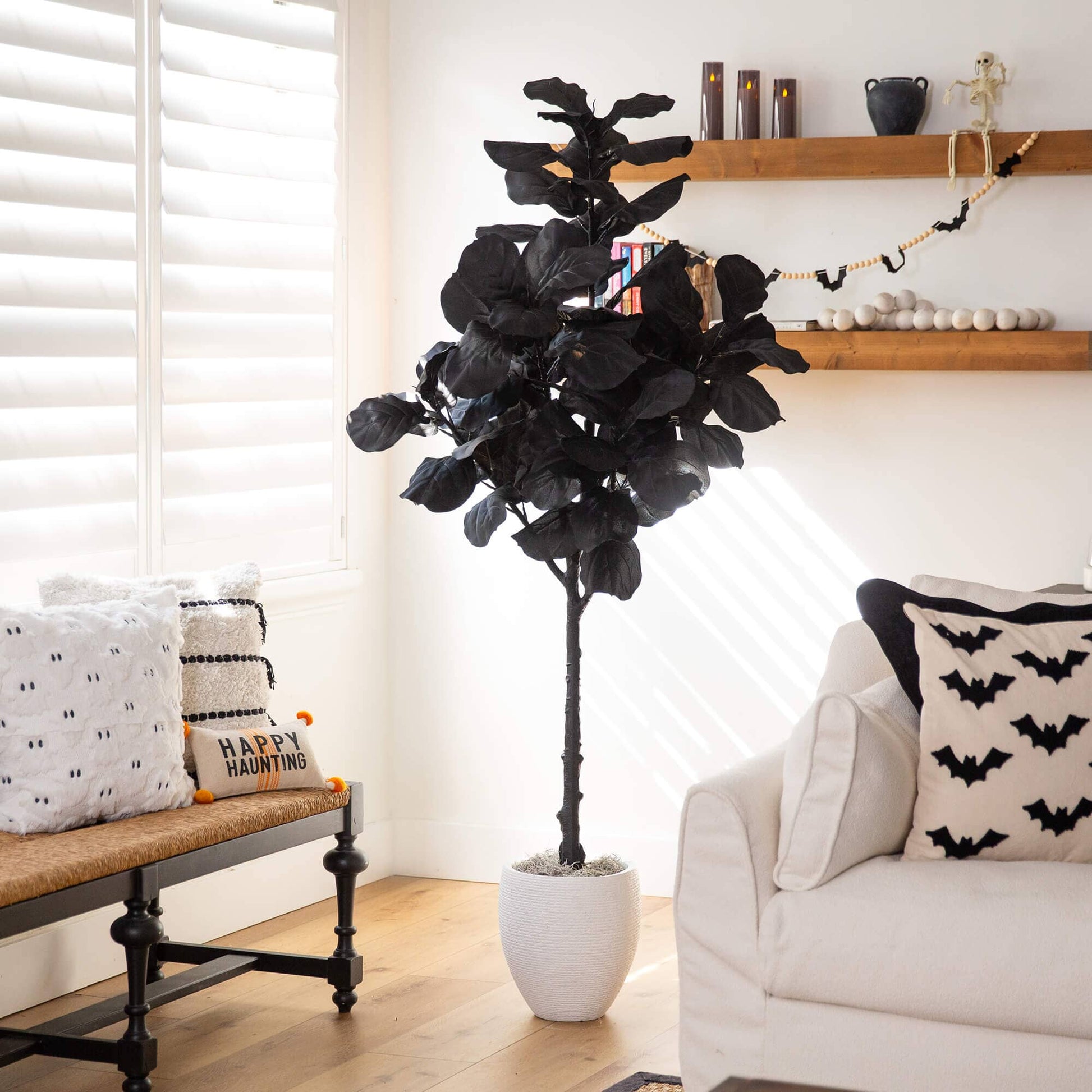 6' Halloween black fiddle leaf tree by Nearly Natural in white pot, dramatic indoor accent on Tampa Home & Garden Store