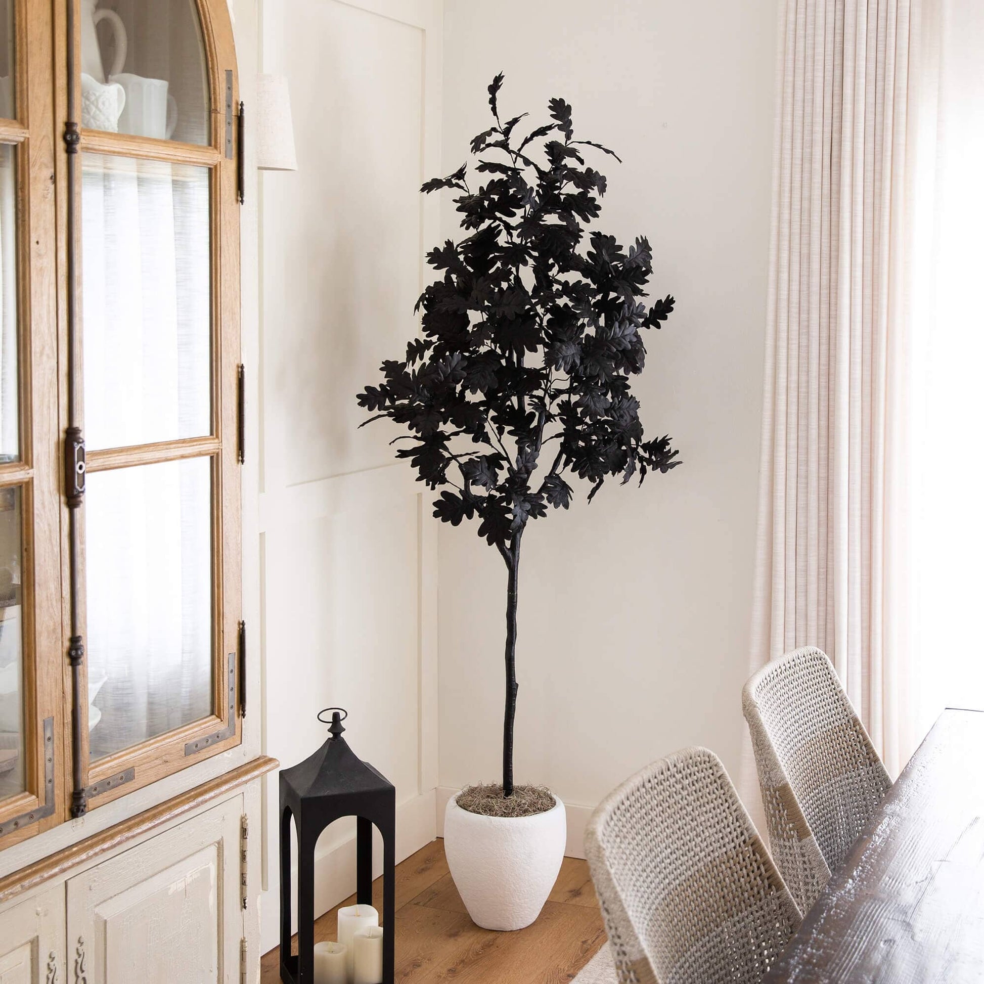 6 ft Nearly Natural artificial Halloween Black Oak Tree with black leaves in a white pot on Tampa Home & Garden Store