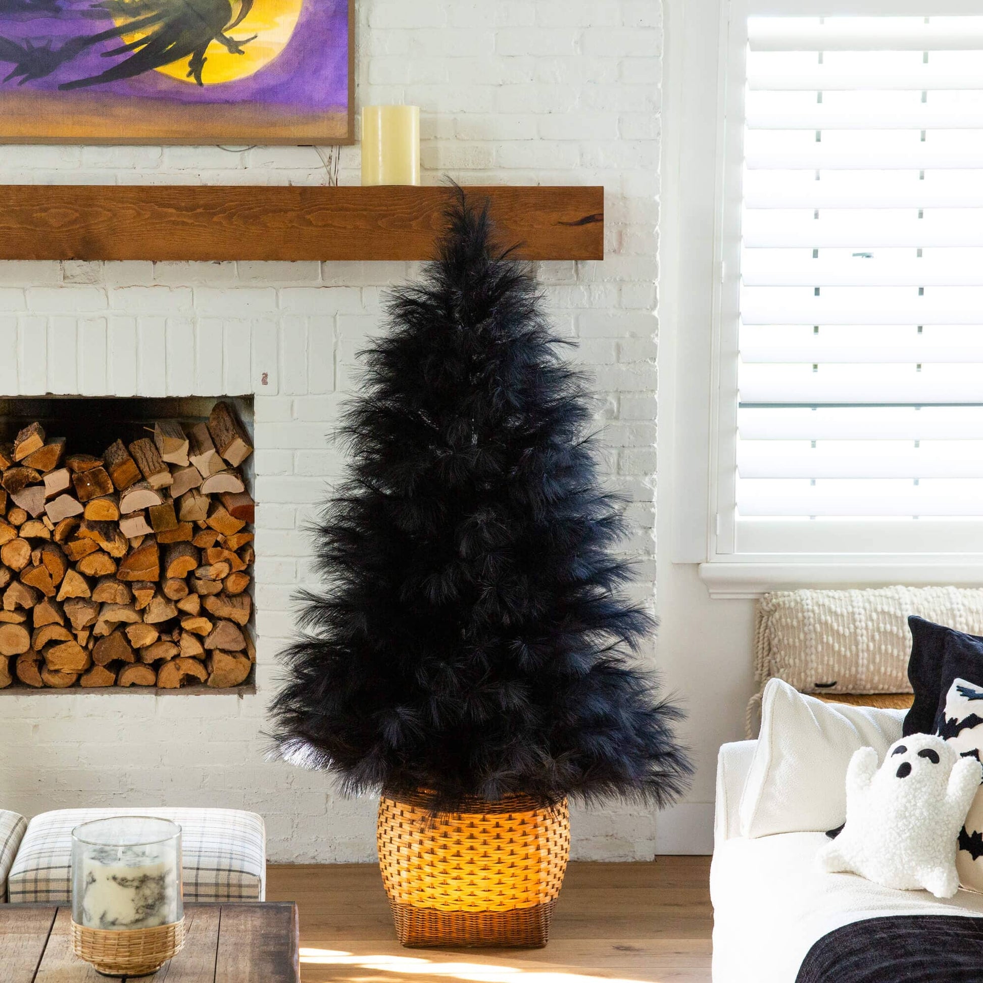 Artificial Halloween Black Pampas Grass Christmas Tree in a woven basket on Tampa Home & Garden Store