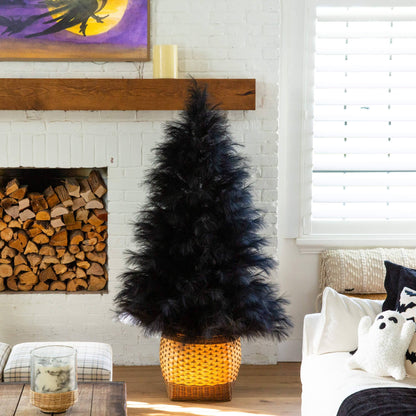 Artificial Halloween Black Pampas Grass Christmas Tree in a woven basket on Tampa Home & Garden Store