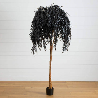 6 ft Nearly Natural black willow artificial tree with drooping dark leaves in a black planter on Tampa Home & Garden Store