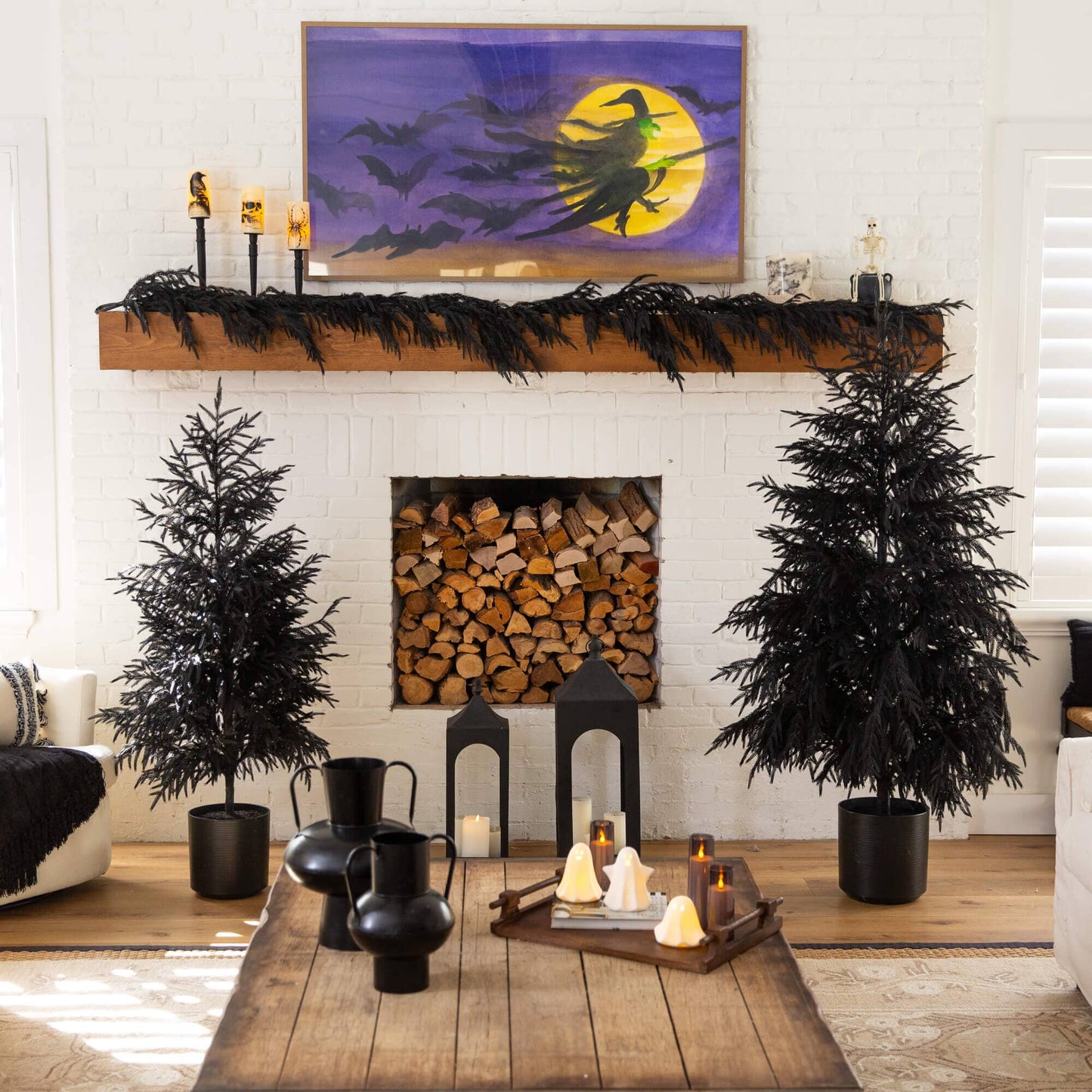 6' Nearly Natural black Norfolk Pine artificial trees pair for Halloween decor on Tampa Home & Garden Store