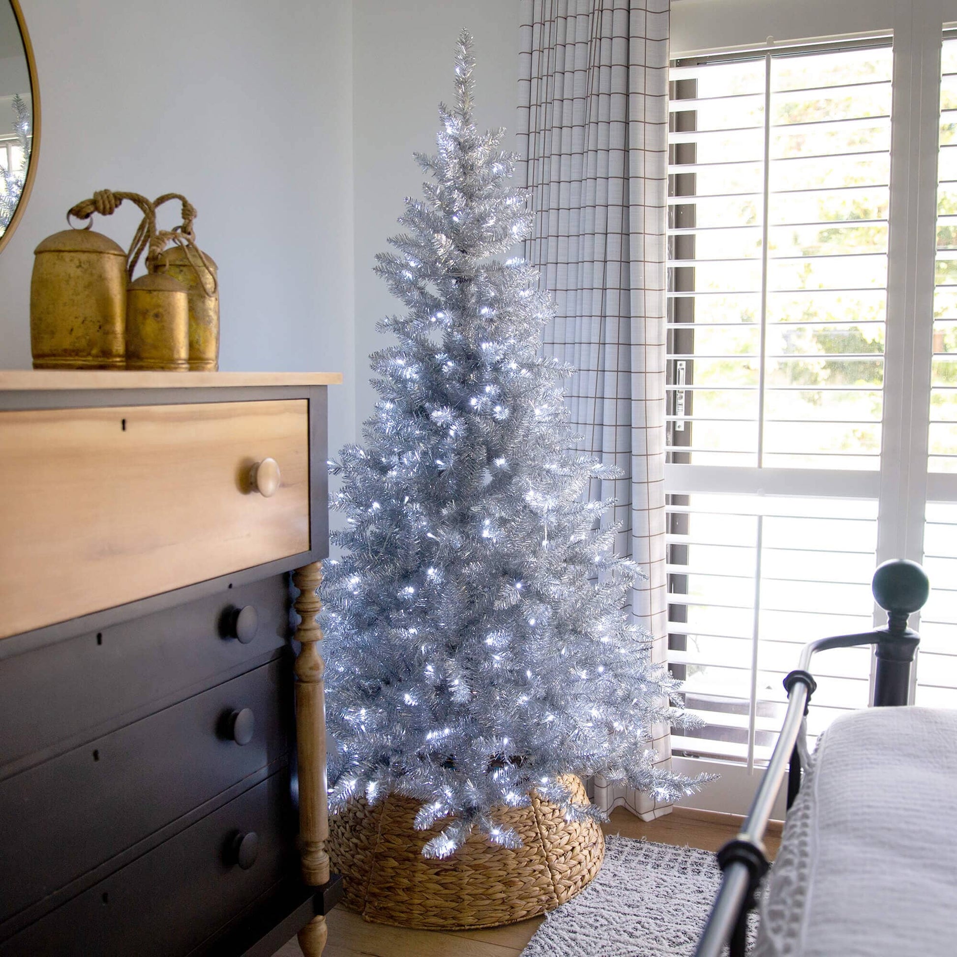 6' Nearly Natural silver artificial Christmas tree with 300 cool white LEDs on a woven basket base on Tampa Home & Garden Store
