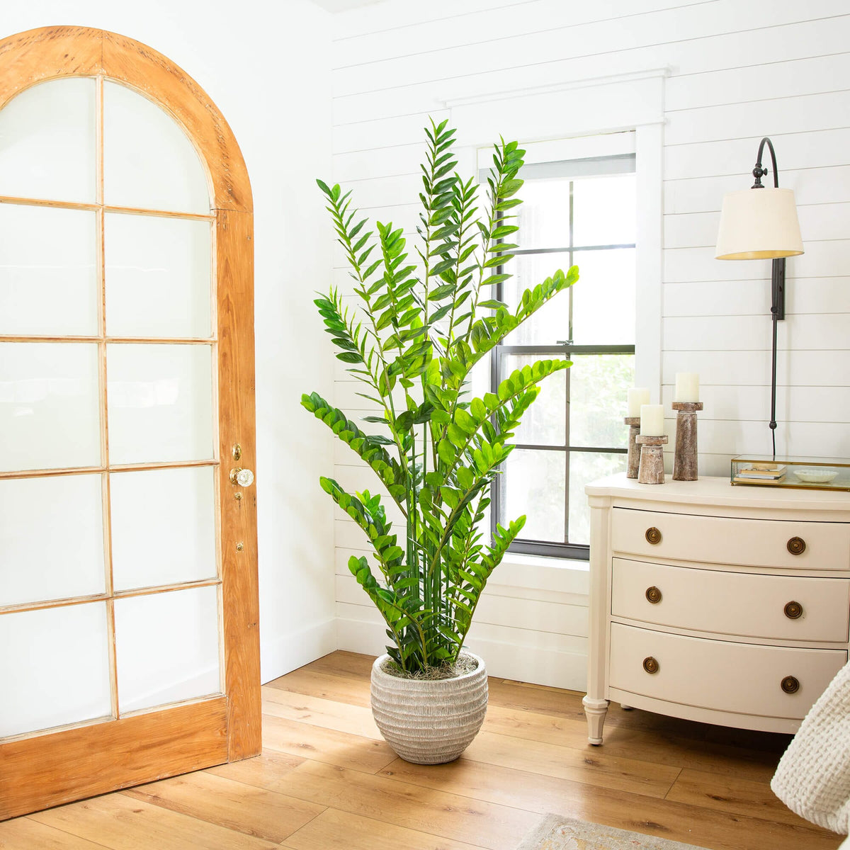 6' Artificial Zamioculcas Plant by Nearly Natural in a textured gray pot in a bright room on Tampa Home & Garden Store