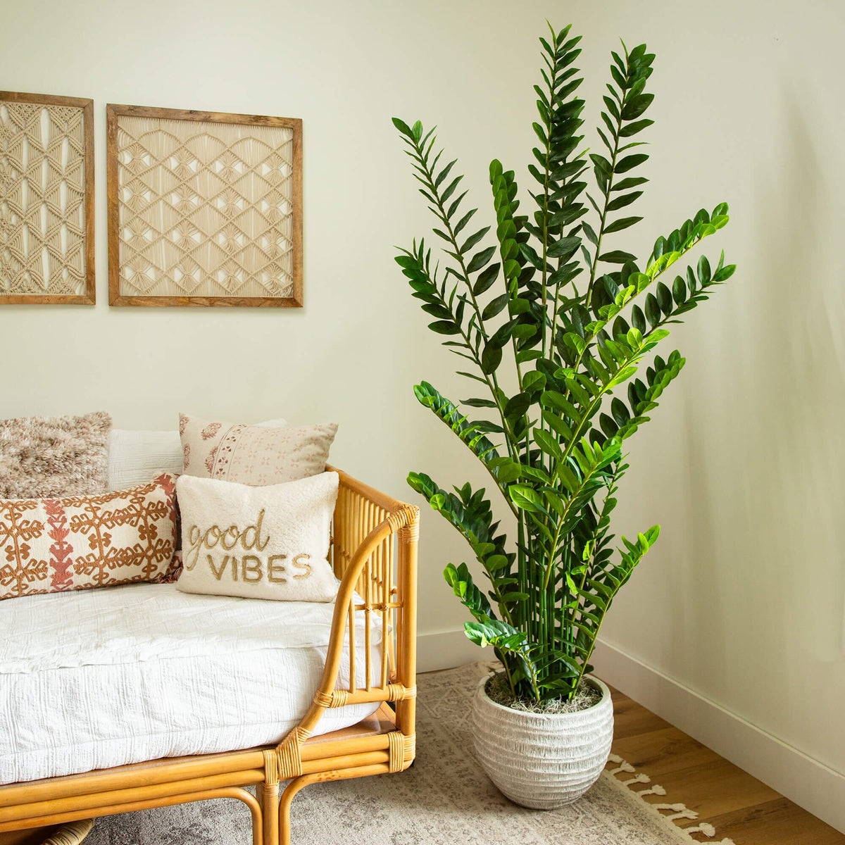 6' Nearly Natural artificial Zamioculcas plant with glossy green leaves in a white textured planter on Tampa Home & Garden Store