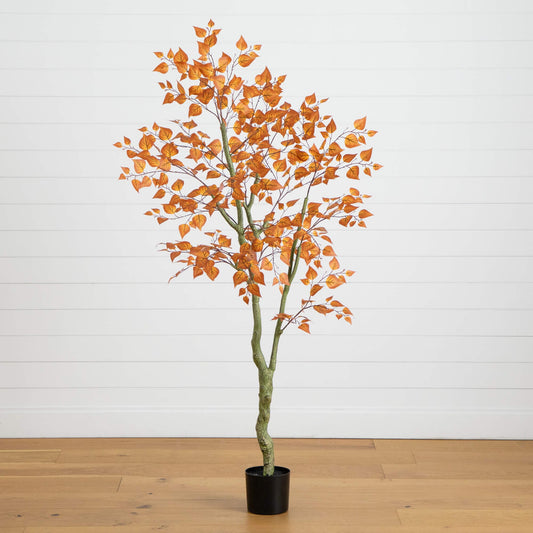 6' Autumn Birch Leaf Artificial Fall Tree by Nearly Natural with orange leaves in a black pot on Tampa Home & Garden Store