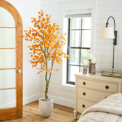 6' Autumn Birch Leaf Artificial Tree Nearly Natural in white pot with orange leaves indoors on Tampa Home & Garden Store