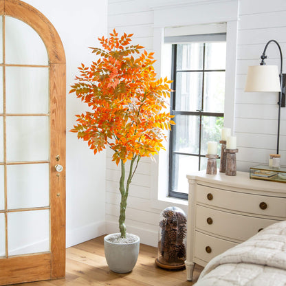 6' Autumn Sumac Artificial Tree by Nearly Natural with orange leaves in a gray pot on Tampa Home & Garden Store