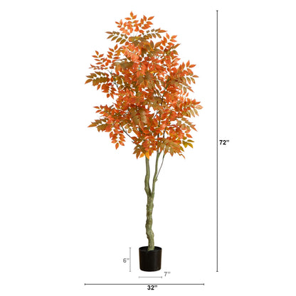 6' Autumn Sumac Artificial Fall Tree by Nearly Natural, orange-red leaves in a black pot on Tampa Home & Garden Store