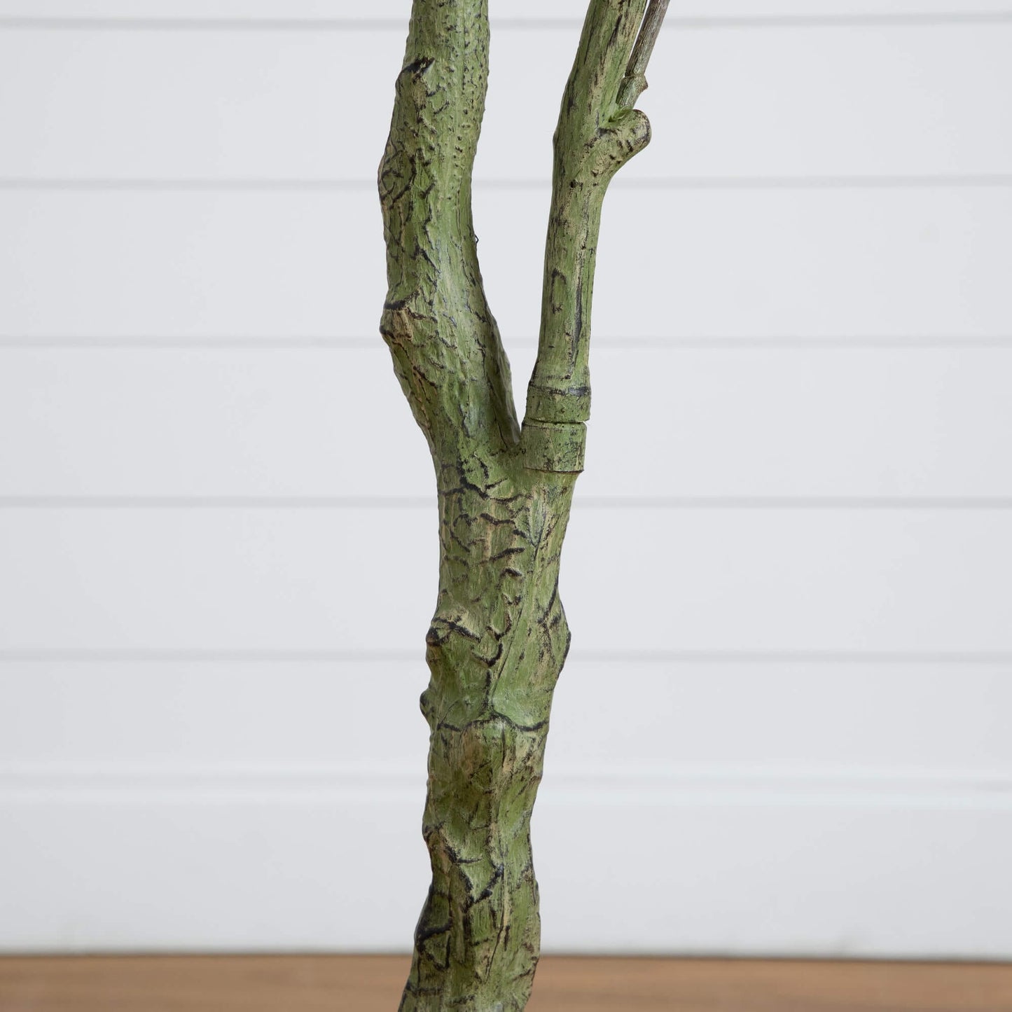 6' Autumn Sumac Artificial Fall Tree trunk close-up with textured green-brown bark Nearly Natural on Tampa Home & Garden Store