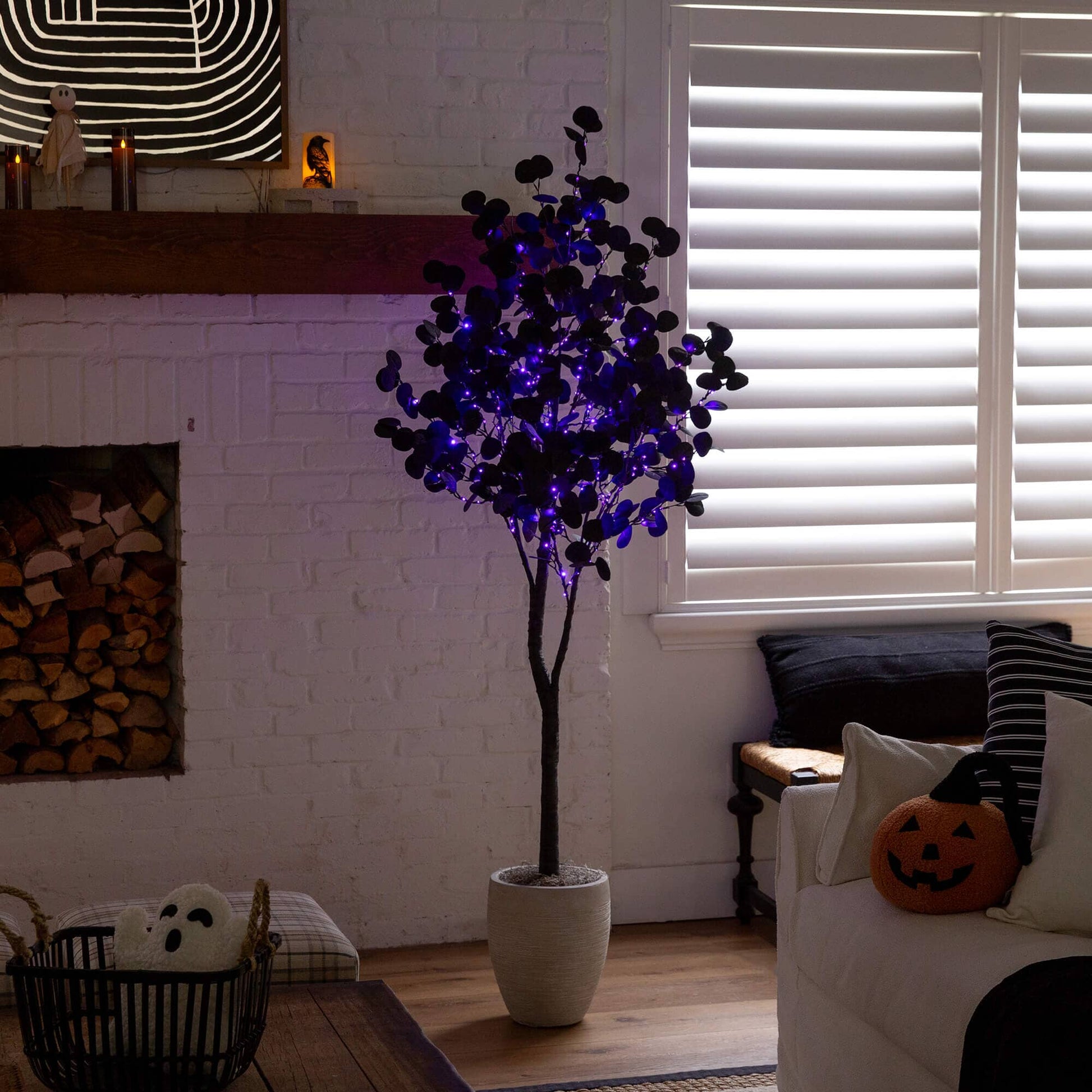 6' Pre-Lit Artificial Black Eucalyptus Tree with 300 orange and purple LEDs by Nearly Natural on Tampa Home & Garden Store