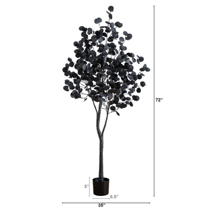 Tree Nearly Natural 6 ft pre-lit black eucalyptus with 300 orange and purple LED lights in a dark pot on Tampa Home & Garden Store