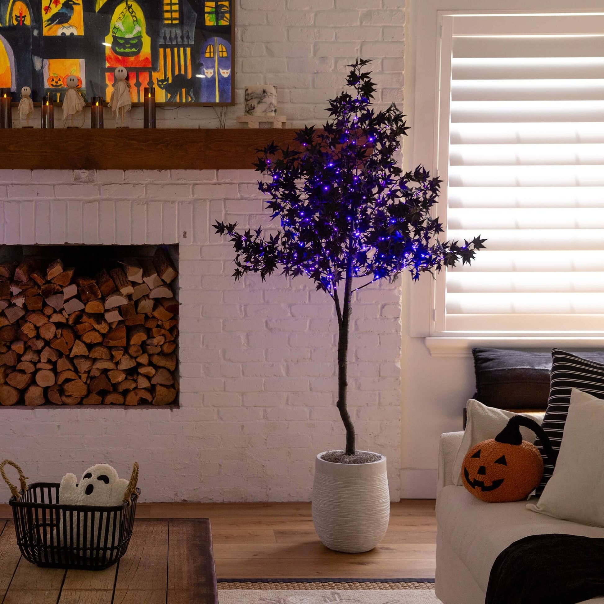 6' Nearly Natural pre-lit Halloween Black Maple Tree with 300 orange and purple LEDs in a white pot on Tampa Home & Garden Store