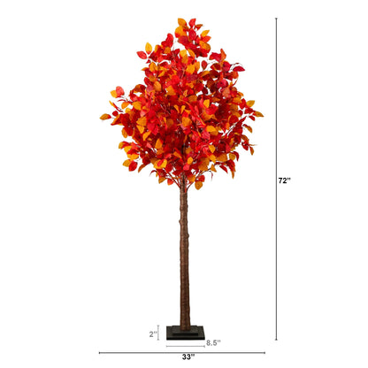 Autumn artificial tree, 6 ft, pre-lit with 300 warm white LEDs, orange-red leaves, black base on Tampa Home & Garden Store