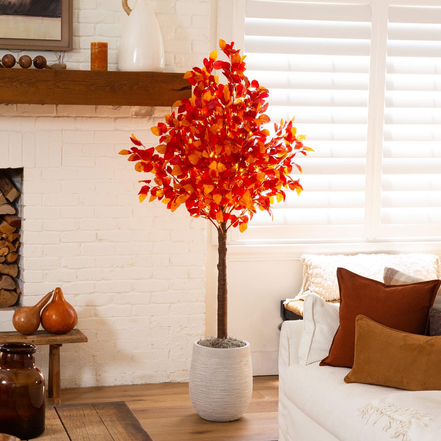6 ft pre-lit autumn artificial tree with orange-red foliage and 300 warm white LED lights on Tampa Home & Garden Store