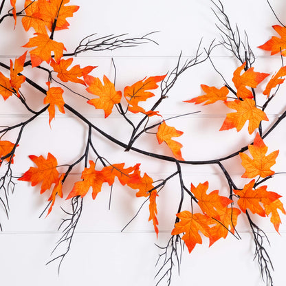 6' Pre-Lit Autumn Maple Garland with orange maple leaves and 54 white LEDs, Nearly Natural on Tampa Home & Garden Store