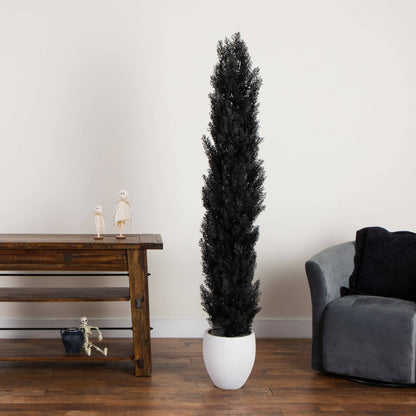 6' UV Resistant Artificial Halloween Black Cedar Tree by Nearly Natural in white textured pot on Tampa Home & Garden Store
