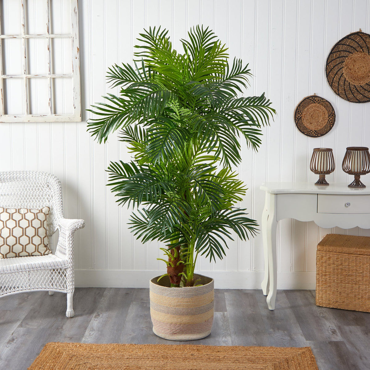 Nearly Natural 6’ Hawaii artificial palm tree in natural cotton multicolored woven planter on Tampa Home & Garden Store