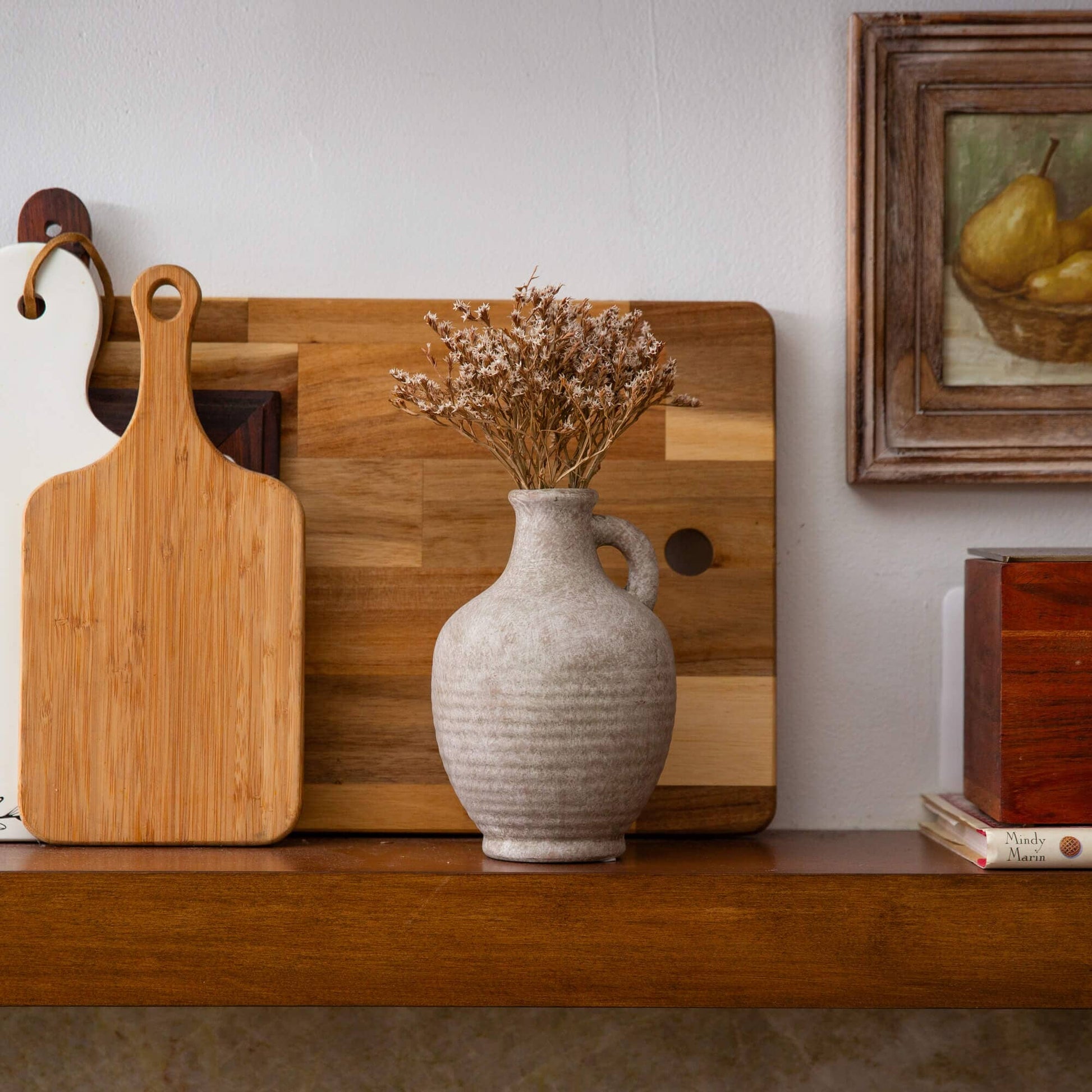 7-inch Natural Ceramic Jug vase by Nearly Natural with dried bouquet on a wood shelf on Tampa Home & Garden Store