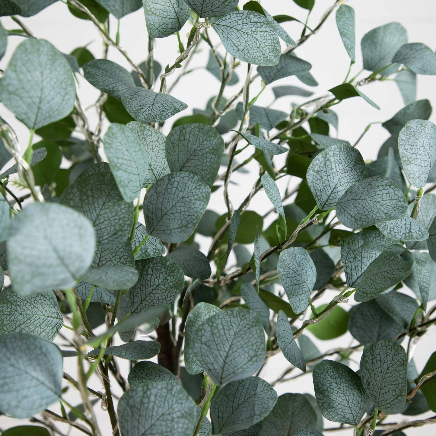 6 ft lighted artificial eucalyptus tree close-up with blue-green leaves and veined texture on Tampa Home & Garden Store
