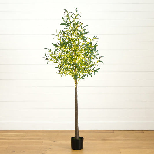6’ Lighted Artificial Olive Tree by Nearly Natural with 300 warm white LEDs in a black pot on Tampa Home & Garden Store