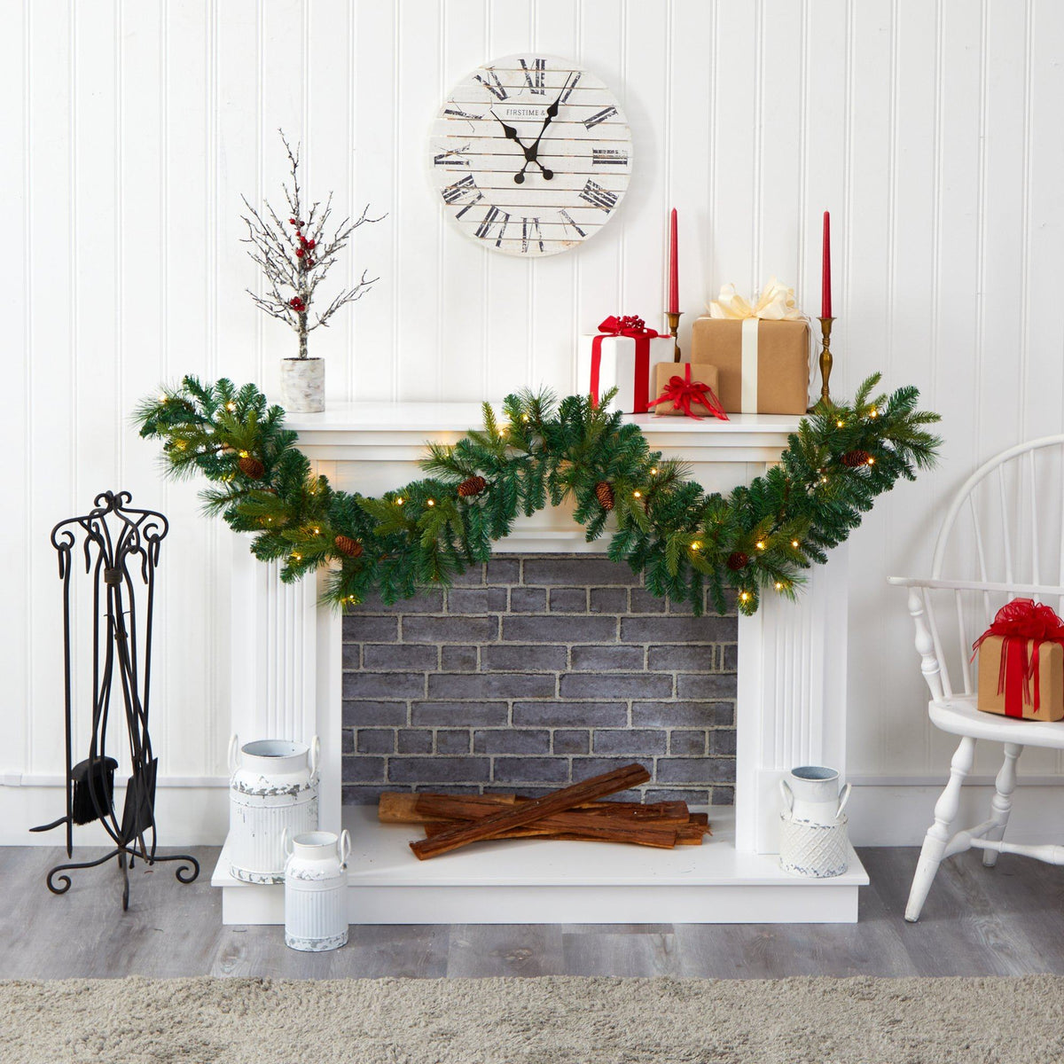 Garland Nearly Natural 6’ mixed pine and pinecone with 35 clear LED lights over a mantel on Tampa Home & Garden Store