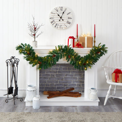 Garland Nearly Natural 6’ mixed pine and pinecone with 35 clear LED lights over a mantel on Tampa Home & Garden Store