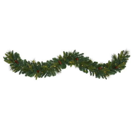 6 ft Mixed Pine and Pinecone Green Garland by Nearly Natural with 35 clear LED lights on Tampa Home & Garden Store