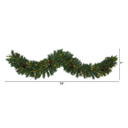 6’ Mixed Pine garland with 35 clear LED lights, berries and pinecones by Nearly Natural on Tampa Home & Garden Store