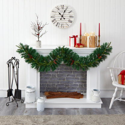 6-foot mixed pine artificial garland with red berries and pinecones on white mantel on Tampa Home & Garden Store