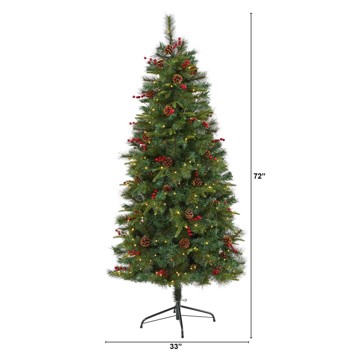 6 ft mixed pine artificial Christmas tree with 250 LED lights, pine cones and berries on a stand on Tampa Home & Garden Store