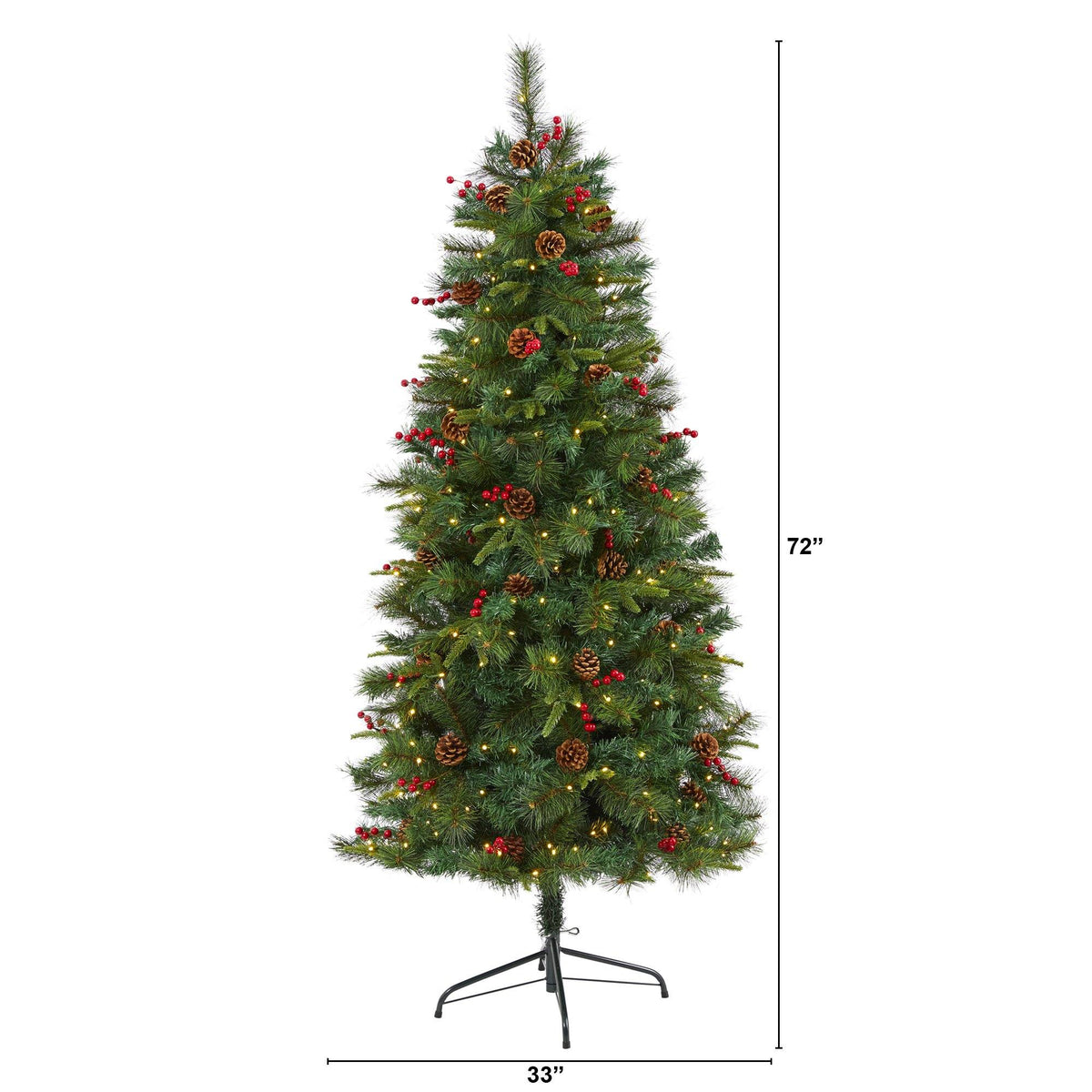 6 ft mixed pine artificial Christmas tree with 250 LED lights, pine cones and berries on a stand on Tampa Home & Garden Store