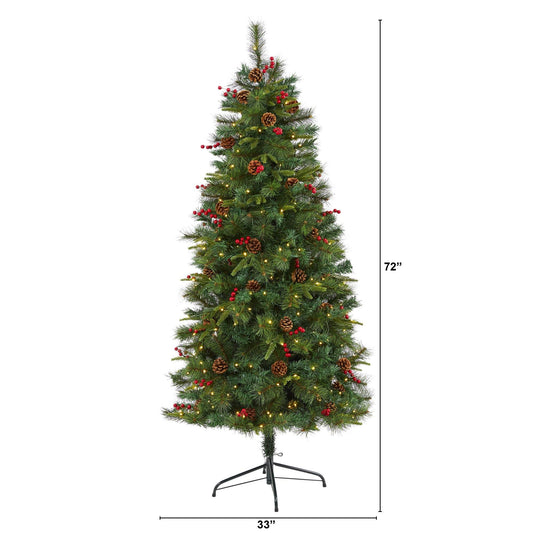 6 ft mixed pine artificial Christmas tree with 250 LED lights, pine cones and berries on a stand on Tampa Home & Garden Store