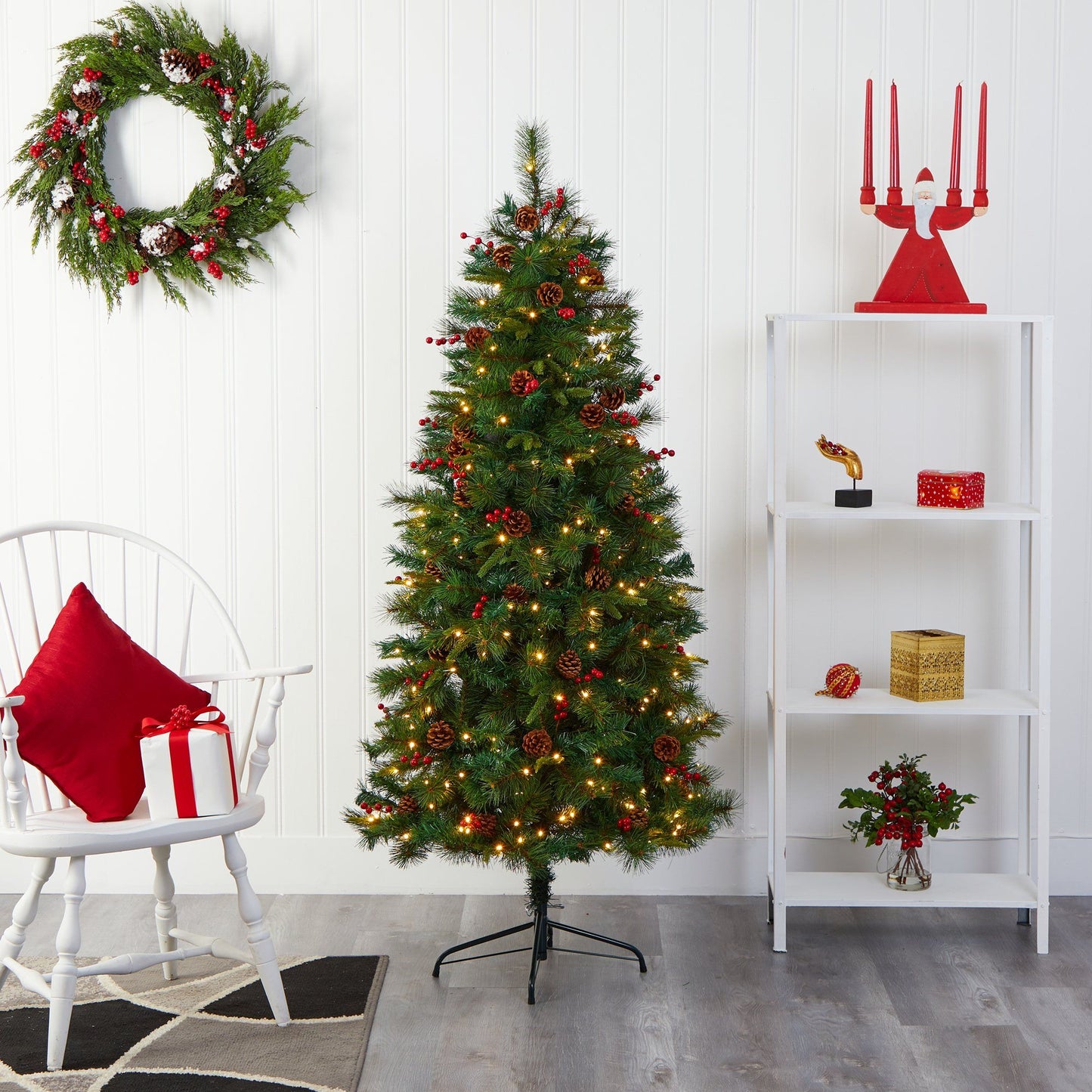 Nearly Natural 6 ft mixed pine artificial Christmas tree with 250 LED lights, pine cones and berries on Tampa Home & Garden Store