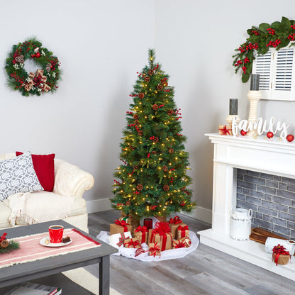 6’ Mixed Pine Artificial Christmas Tree by Nearly Natural with 250 Clear LED Lights, Pine Cones and Berries on Tampa Home & Garden Store