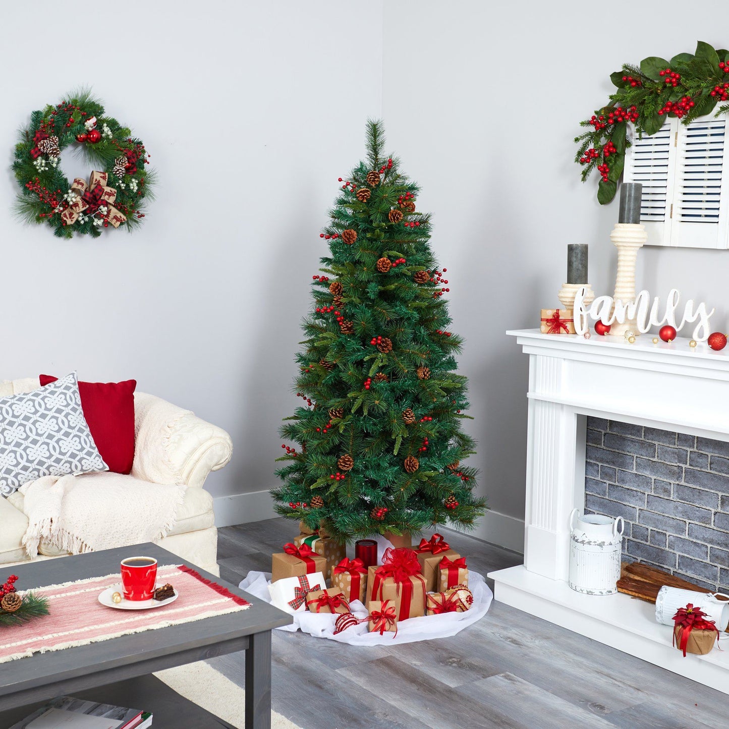 6’ Mixed Pine Artificial Christmas Tree with 250 LED lights and berries Nearly Natural on Tampa Home & Garden Store