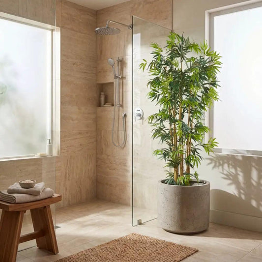 6ft Multi Bambusa bamboo silk tree in concrete planter beside shower in bathroom on Tampa Home & Garden Store