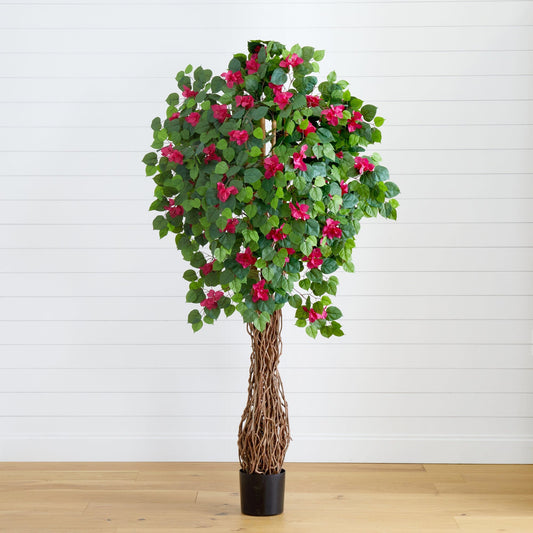 6' Multi Vine Bougainvillea Silk Tree with pink blooms, green leaves, braided trunk by Nearly Natural on Tampa Home & Garden Store