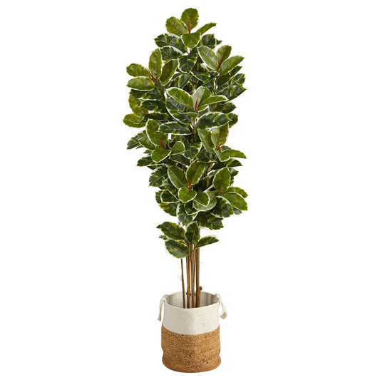 Árbol Artificial de Roble de 1.83 m en Maceta Artesanal de Yute y Algodón Resistente a los Rayos UV (Interior/Exterior)
