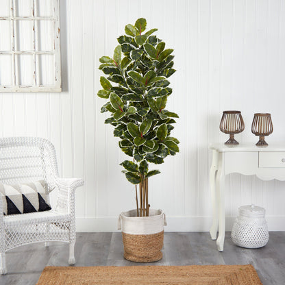 Árbol Artificial de Roble de 1.83 m en Maceta Artesanal de Yute y Algodón Resistente a los Rayos UV (Interior/Exterior)