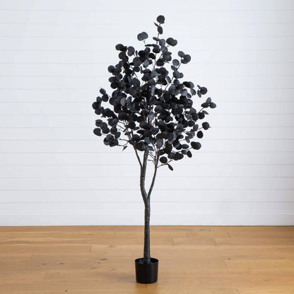 6' Nearly Natural Halloween black eucalyptus tree with orange and purple LED lights in a pot on Tampa Home & Garden Store