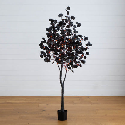 6 ft pre-lit black eucalyptus tree with 300 orange and purple LEDs in black pot on Tampa Home & Garden Store