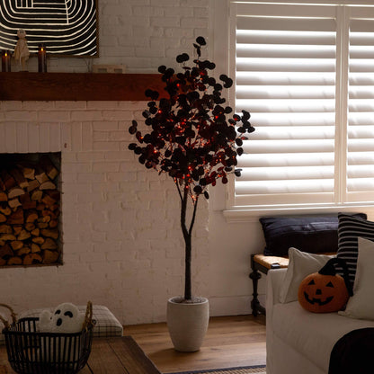 6' pre-lit Halloween black eucalyptus tree by Nearly Natural with 300 orange & purple LEDs on Tampa Home & Garden Store