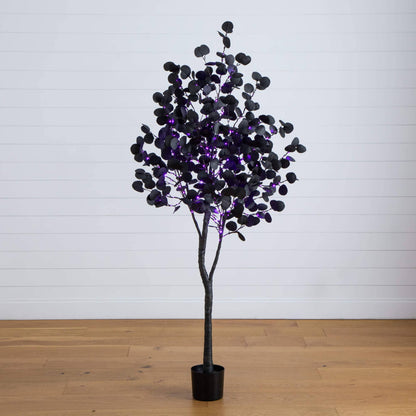 6 ft prelit Halloween black eucalyptus tree with orange and purple LED lights in a pot on Tampa Home & Garden Store