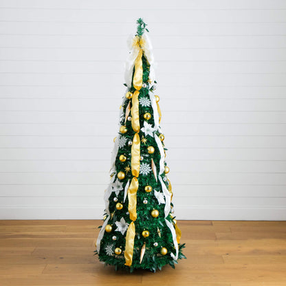 6' Nearly Natural pre-lit pop-up Christmas tree with gold and silver ornaments and white ribbons on Tampa Home & Garden Store