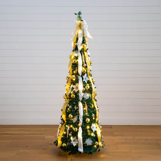 6 ft Nearly Natural lit artificial Christmas tree with gold ornaments, ribbons and warm LEDs on Tampa Home & Garden Store
