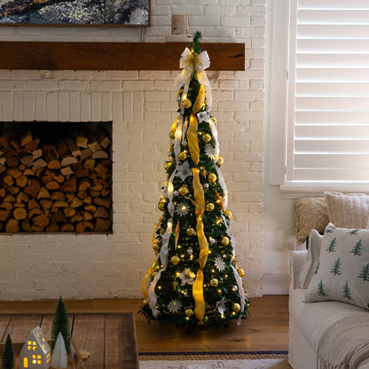 6 ft pre-lit artificial pop-up Christmas tree with gold and silver ornaments and ribbons on Tampa Home & Garden Store