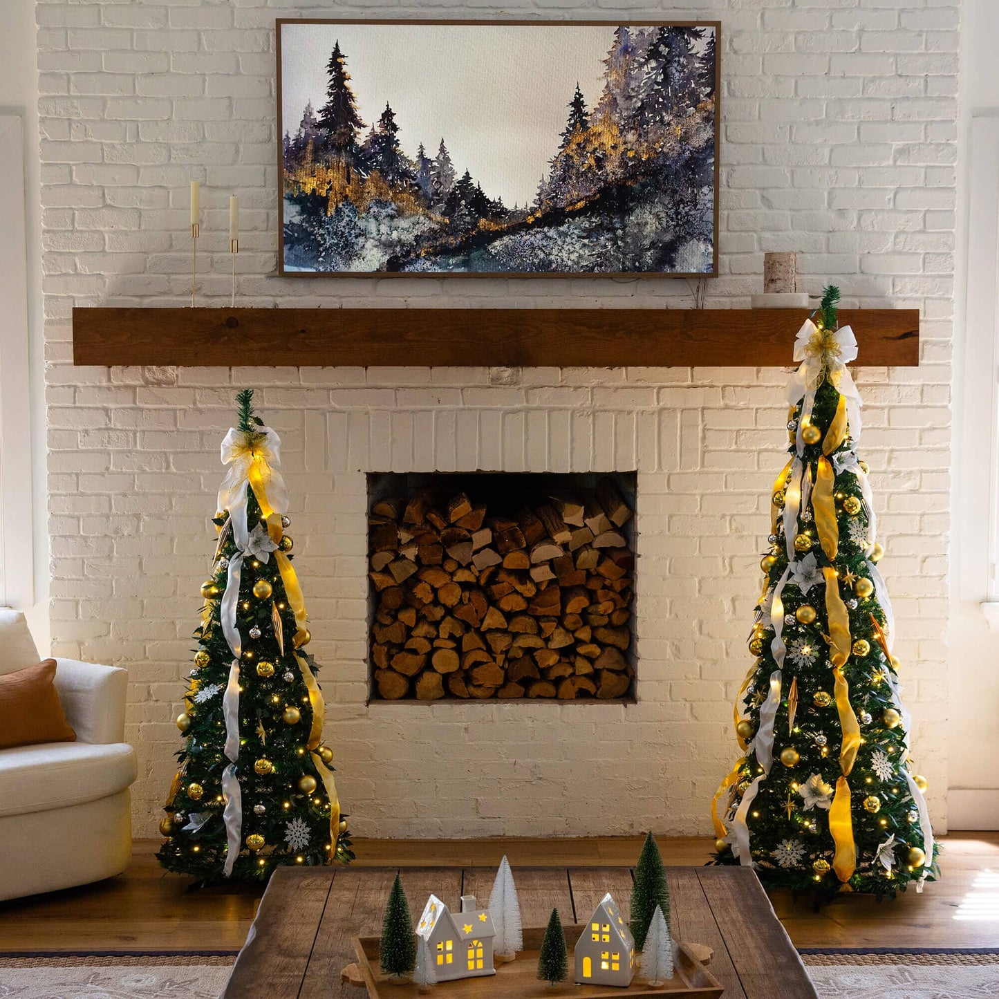 Two Nearly Natural 6' pre-lit artificial Christmas trees with gold and silver ornaments on Tampa Home & Garden Store