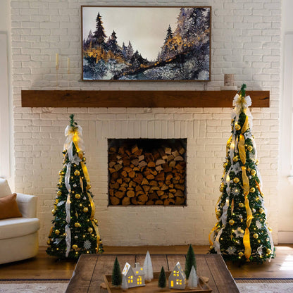 Two Nearly Natural 6' pre-lit artificial Christmas trees with gold and silver ornaments on Tampa Home & Garden Store