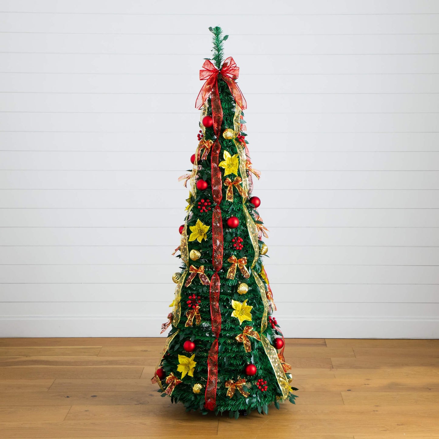 Nearly Natural pop-up 6ft prelit Christmas tree with red-gold ribbons and ornaments, white LEDs on Tampa Home & Garden Store